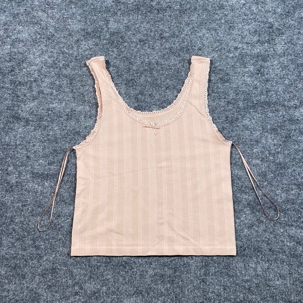 Pink Rose Peach Ribbed Lace Trim Bow Camisole Tank Top PS3702913 Womens L/XL